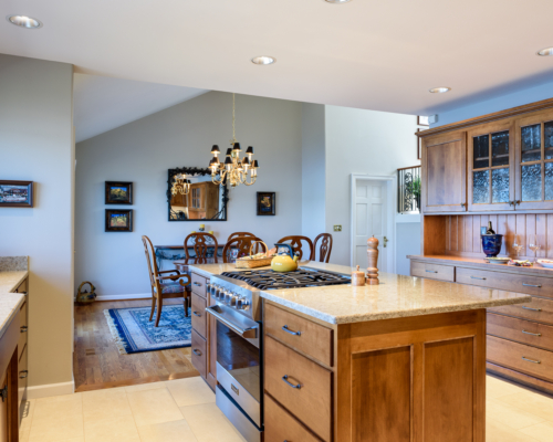 The new kitchen and adjacent dining room